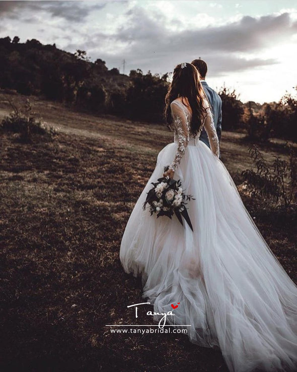 A Line V Neck Lace Wedding Dresses TB1417