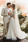 A Line V Neck Half Sleeves Lace Wedding Dresses TB1418