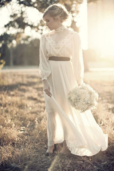 Long Sleeves Bohemian A Line Chiffon Wedding Bridal Dress  TB1374