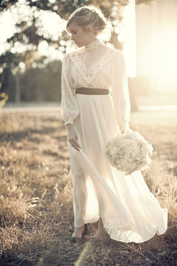 Long Sleeves Bohemian A Line Chiffon Wedding Bridal Dress  TB1374
