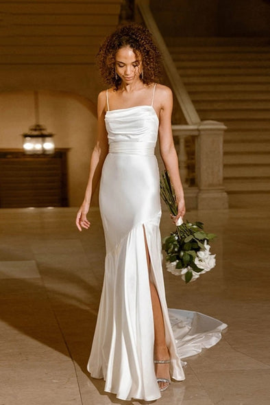 Pure Simplicity Thigh-High Split Flattering Pleated Wedding Dresses With Back Tie Chic Noivas ZW699