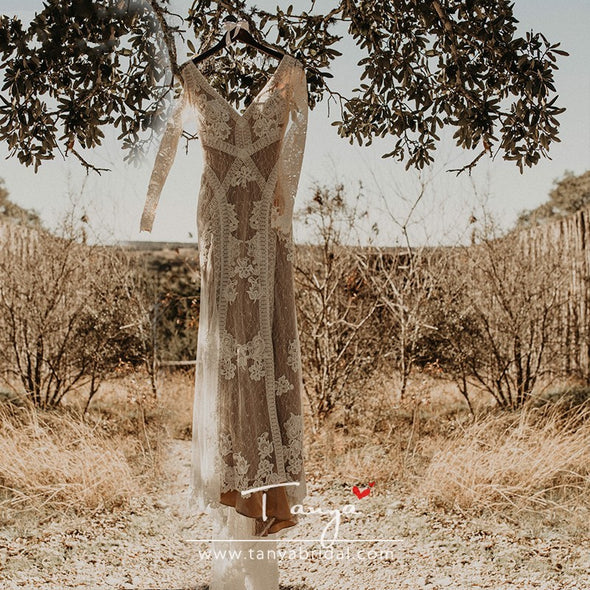 Nude Lining Lace Wedding Dresses Long Sleeve Robe De Soriee V-Neck Unique Bridal Gowns Boho ZW228