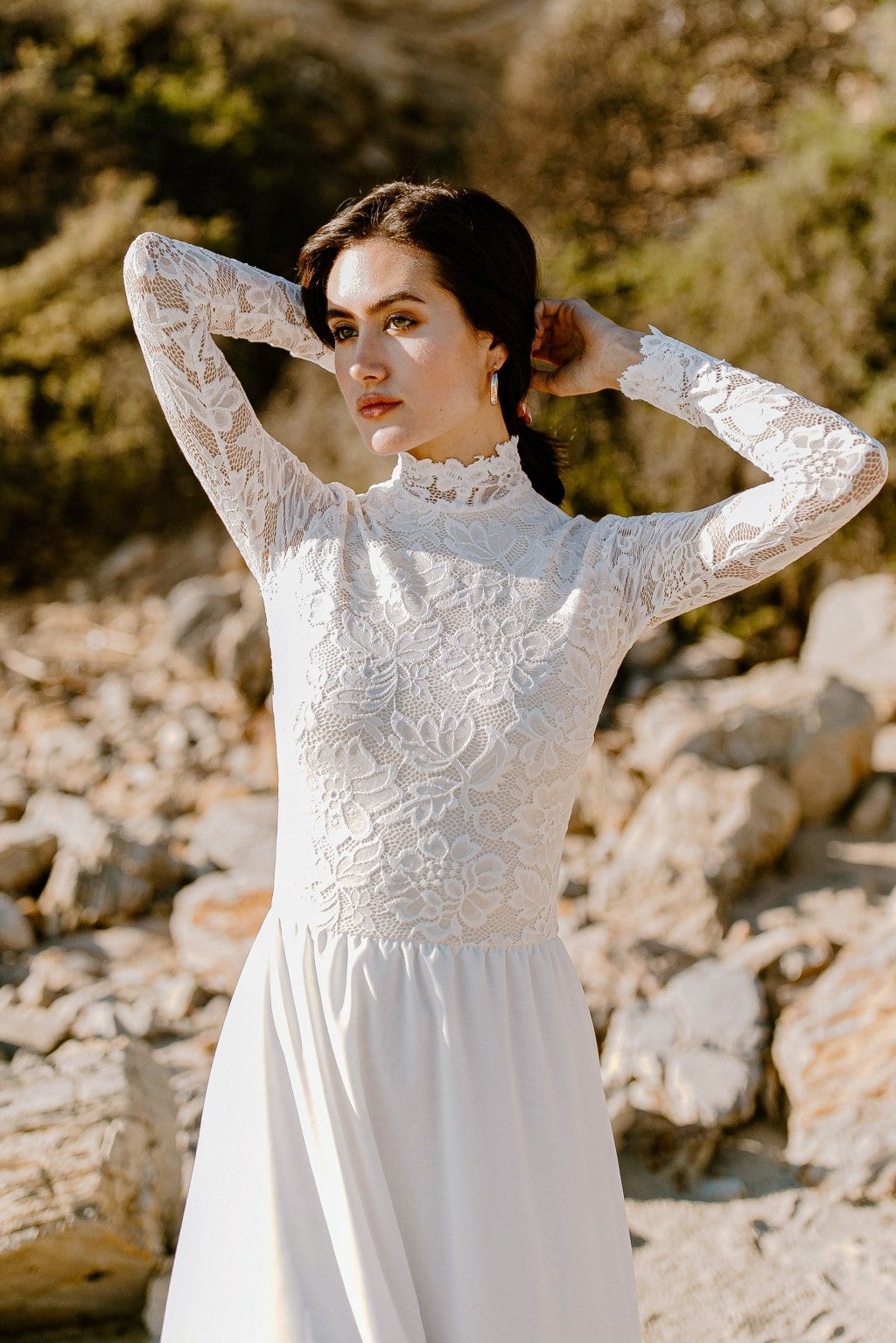 High Neck Long Sleeves Lace A Line Wedding Dress Side Split Bohemian TANYA BRIDAL High Neck Long Sleeves Lace A Line Wedding Dress Side Split Bohemian TANYA BRIDAL