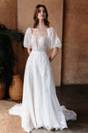 Puff Short Sleeve V-Neck A Line Lace Wedding Dresses Robe De Soriee Chic ZW698