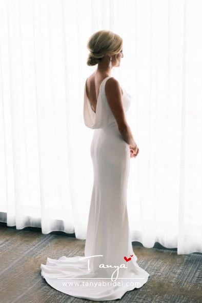 Simple Elegant Ivory Satin Mermaid Sleeveless Cowl Neckline Wedding Dresses