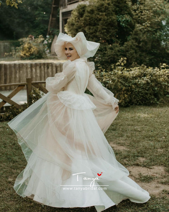 Flare Sleeves A Line Tulle Muslim Wedding Bridal Dresses