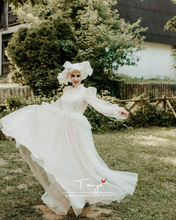 Flare Sleeves A Line Tulle Muslim Wedding Bridal Dresses
