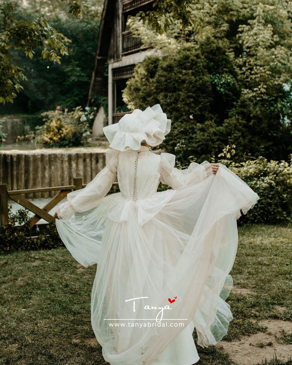 Flare Sleeves A Line Tulle Muslim Wedding Bridal Dresses