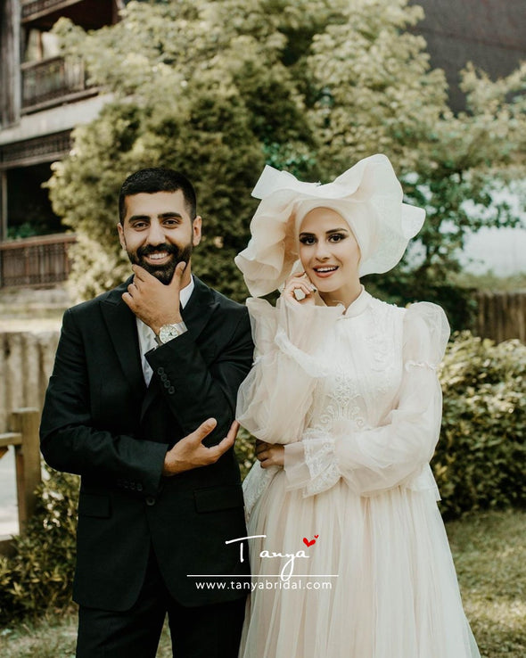 Flare Sleeves A Line Tulle Muslim Wedding Bridal Dresses