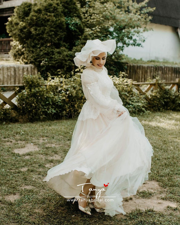 Flare Sleeves A Line Tulle Muslim Wedding Bridal Dresses