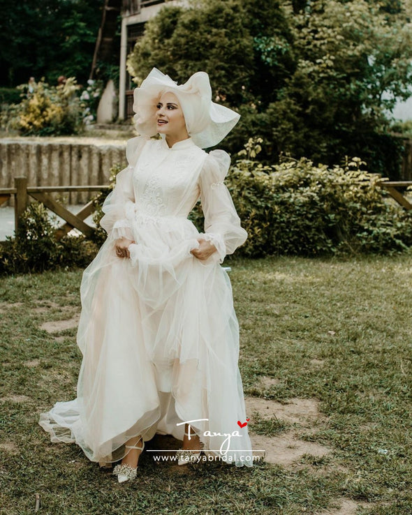 Flare Sleeves A Line Tulle Muslim Wedding Bridal Dresses