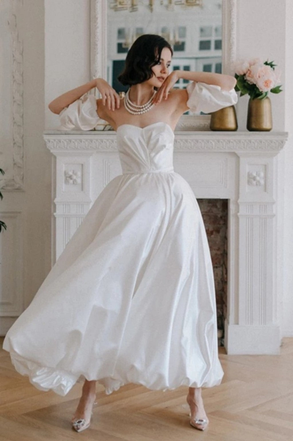 Taffeta A Line Wedding Dresses Ankle Length With Cloud Detachable Slee TANYA BRIDAL Taffeta A Line Wedding Dresses Ankle Length With Cloud Detachable Slee TANYA BRIDAL