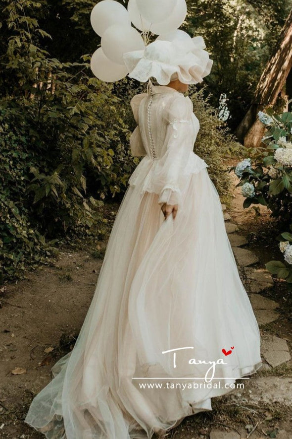 Flare Sleeves A Line Tulle Muslim Wedding Bridal Dresses