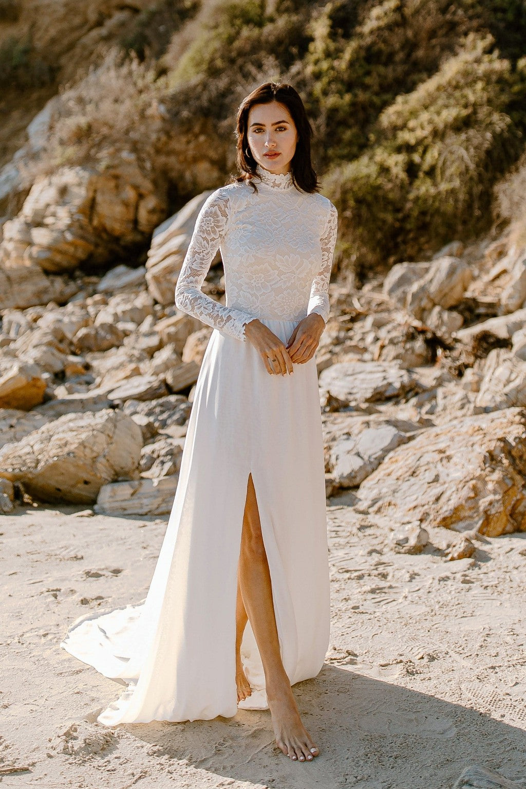 High Neck Long Sleeves Lace A Line Wedding Dress Side Split Bohemian TANYA BRIDAL High Neck Long Sleeves Lace A Line Wedding Dress Side Split Bohemian TANYA BRIDAL
