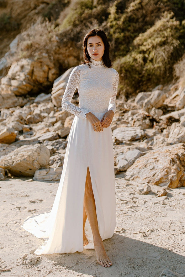 High Neck Long Sleeves Lace A Line Wedding Dress Side Split Bohemian