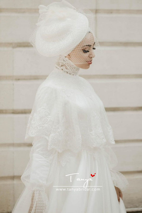 Elegant Long Muslim Wedding Bridal Gown Lace Edge Tulle Bride Dress