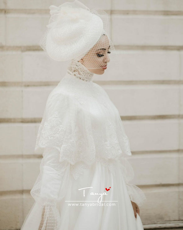 Elegant Long Muslim Wedding Bridal Gown Lace Edge Tulle Bride Dress DQG1108