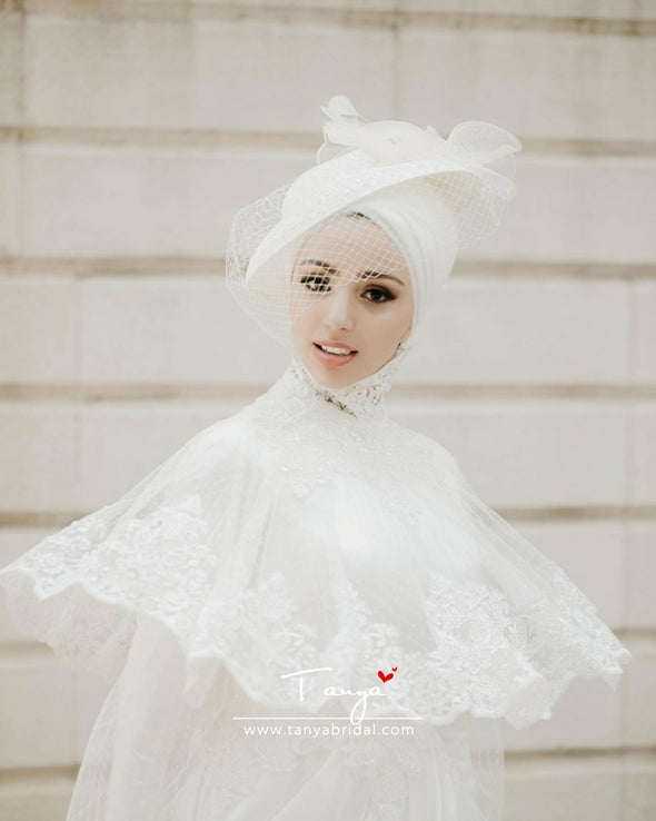 Elegant Long Muslim Wedding Bridal Gown Lace Edge Tulle Bride Dress