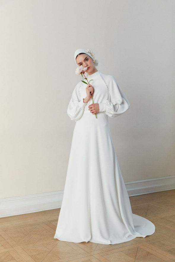Simple Long Wedding Dress Muslim Floor Length With Buttons