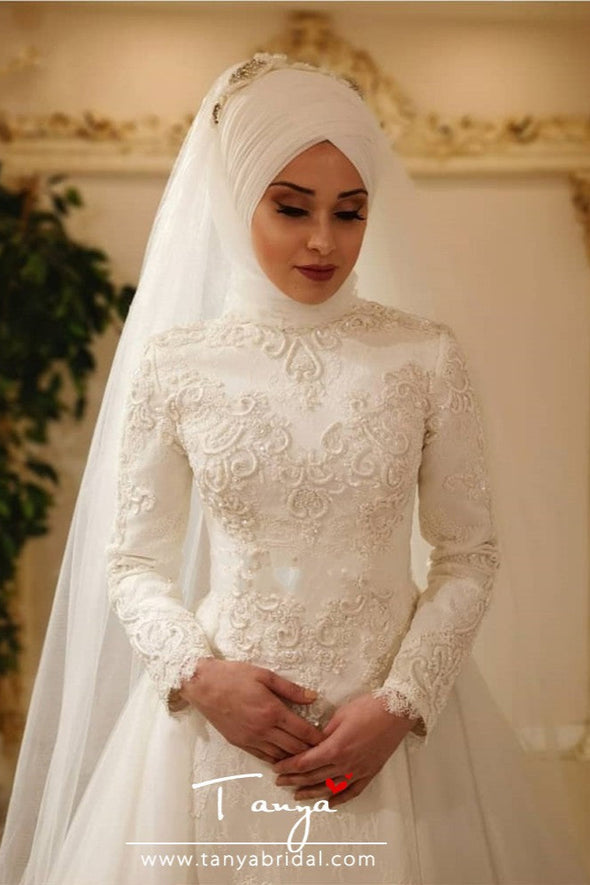 Long Sleeve Zipper Back Lace Islamic Tulle Muslim Wedding Dresses TBW20