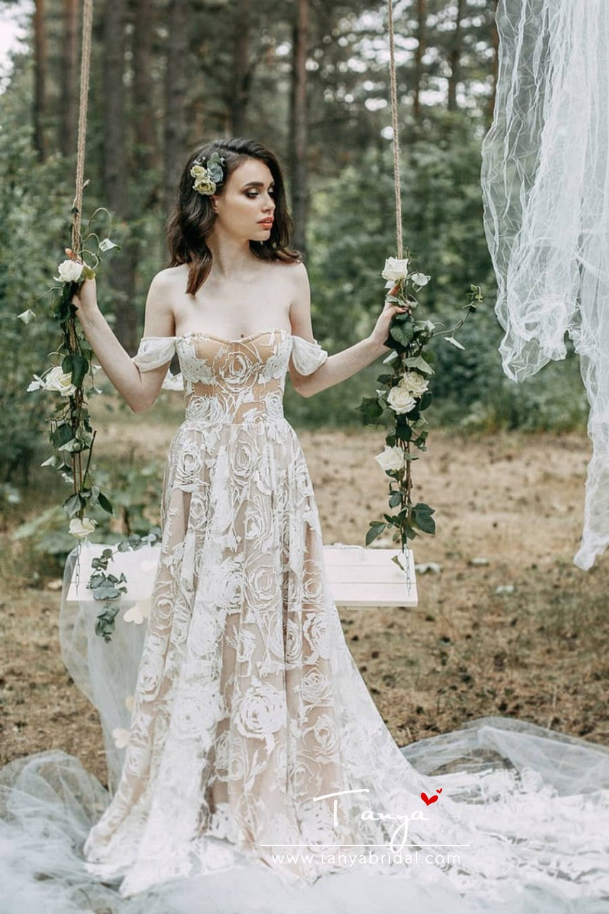 knee length dresses for ladies A Line Skin Lining Lace Wedding Dresses With Train -