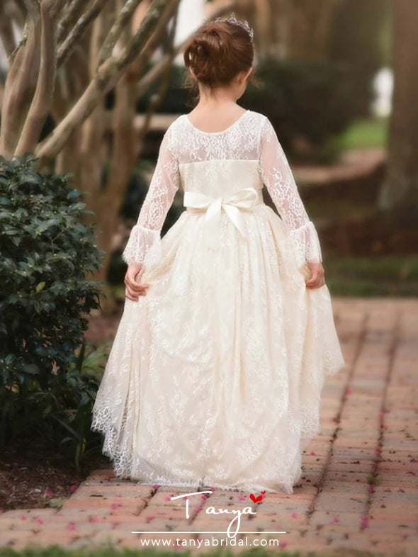 Ball Gown Asymmetrical Wedding Flower Girl Dresses Lace Long Sleeve V Neck with Bow