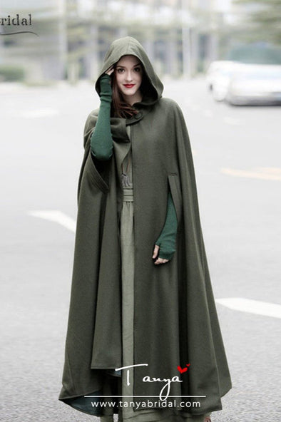 ArmyGreen Winter Hood Cape Floor Length Wrap women Cloak Long Wedding Cape DJ121