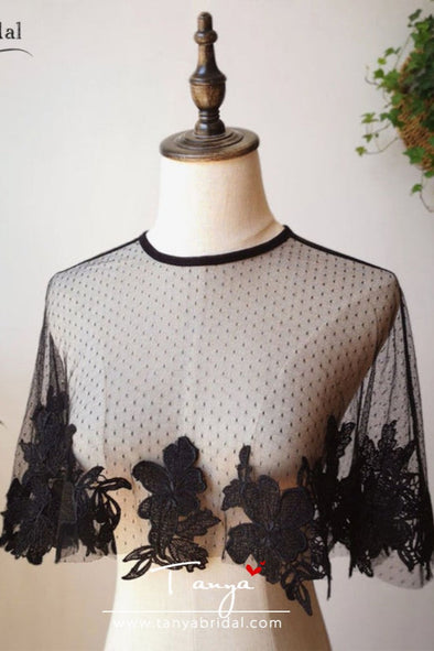 Black Dot Tulle Wedding Cape short Elegant Bridal Cap Bridal Bolero DJ118