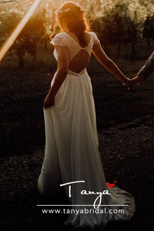Cape Sleeve Chiffon Wedding Dresses Open Back Bridal Gowns TANYA BRIDAL Cape Sleeve Chiffon Wedding Dresses Open Back Bridal Gowns TANYA BRIDAL