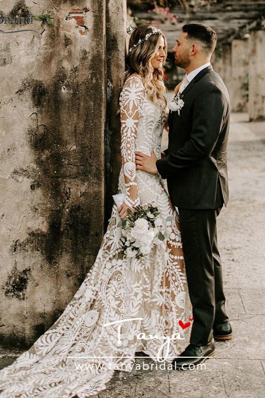 white christmas dresses Dramatic Cornelli Lace Wedding Dresses Long Sleeve – TANYA BRIDAL