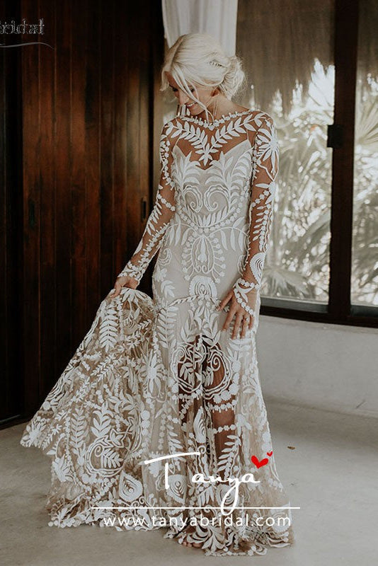 Dramatic Cornelli Lace Wedding Dresses Long Sleeve