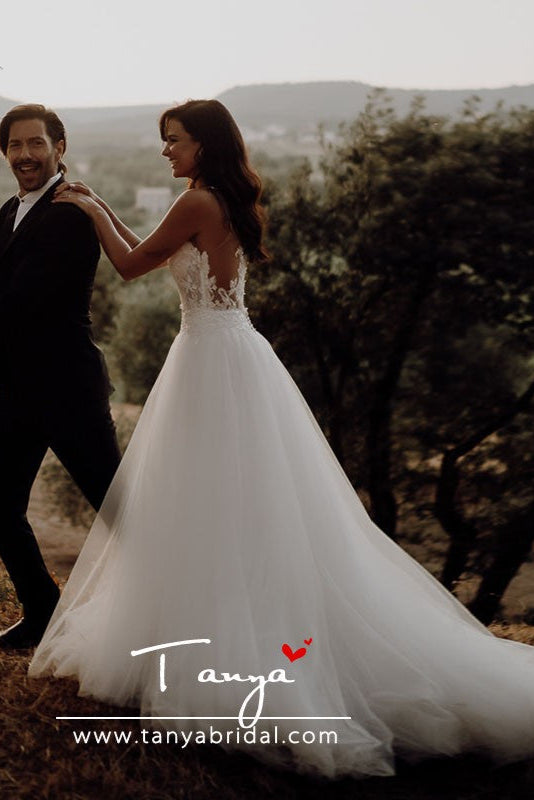 Sheer Neck A Line Boho Bridal Weddig Gowns – TANYA BRIDAL Sheer Neck A Line Boho Bridal Weddig Gowns – TANYA BRIDAL