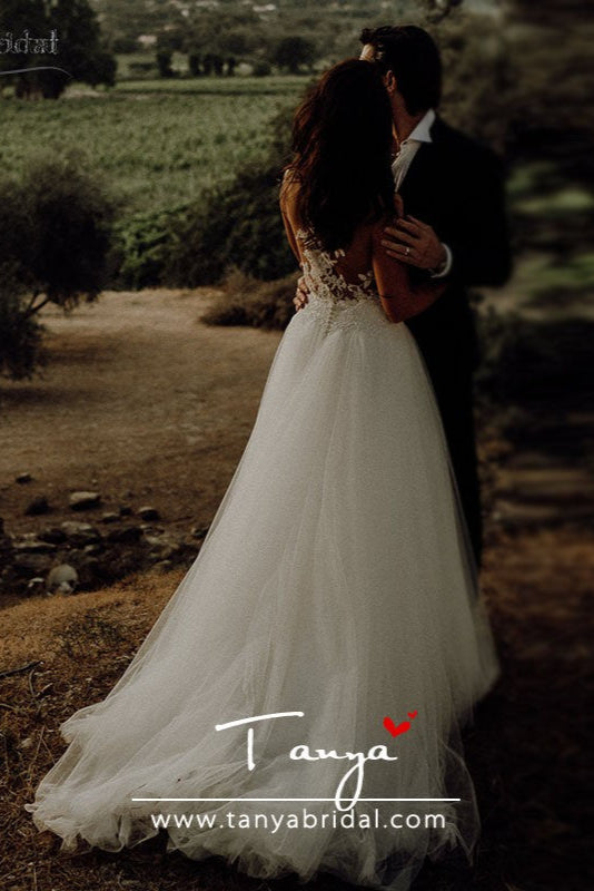 Sheer Neck A Line Boho Bridal Weddig Gowns