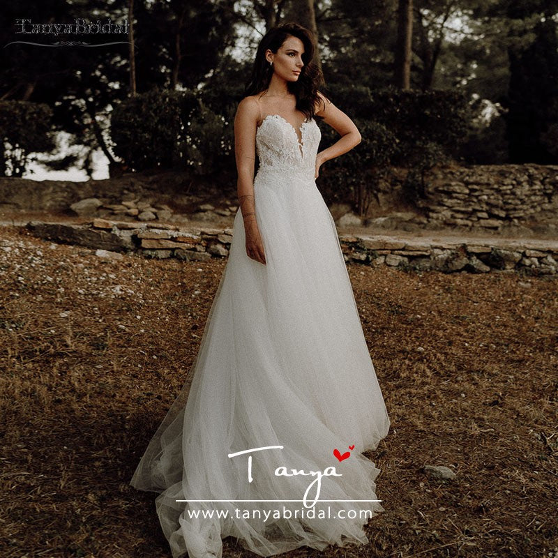 Champagne Tulle A Line Wedding Dresses Sheer Neck Elegant Bridal Gowns –  TANYA BRIDAL