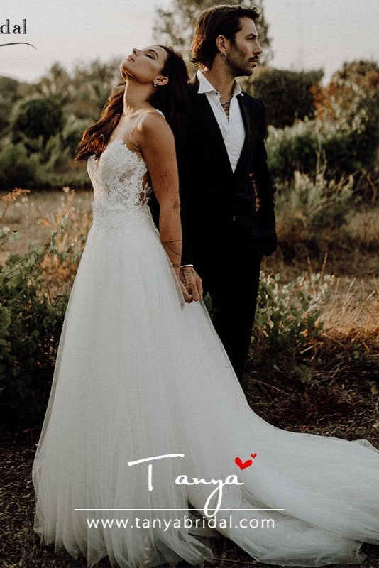 Sheer Neck A Line Boho Bridal Weddig Gowns