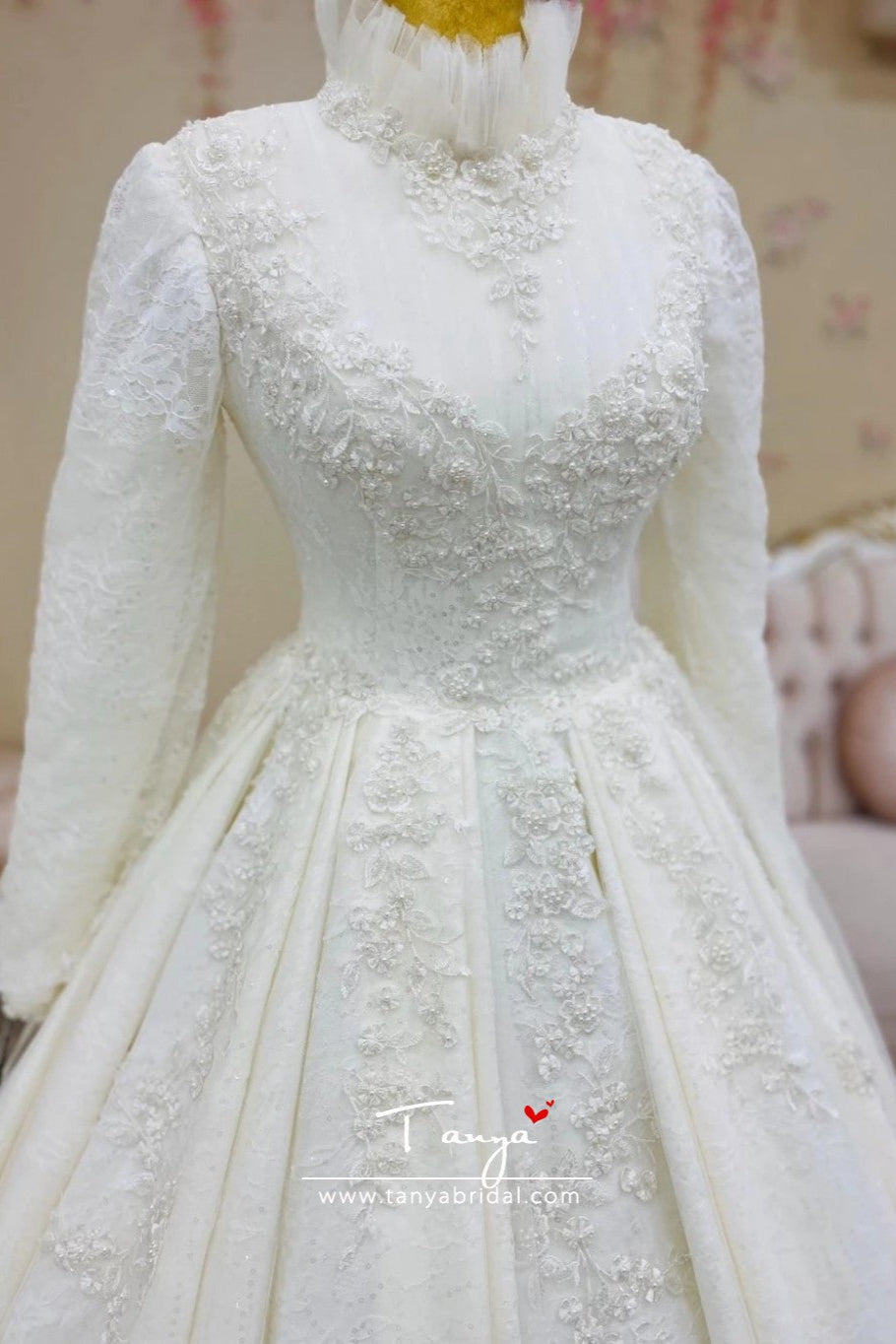 Floral Lace High Neck Hijab Wedding Dress Long Sleeves TB1472 - Floral Lace High Neck Hijab Wedding Dress Long Sleeves TB1472 -