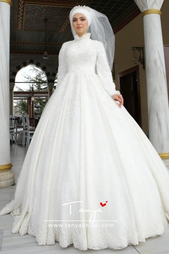 Floral Lace High Neck Hijab Wedding Dress Long Sleeves TB1472 - Floral Lace High Neck Hijab Wedding Dress Long Sleeves TB1472 -