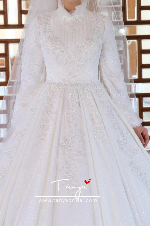 Floral Lace High Neck Hijab Wedding Dress Long Sleeves TB1472