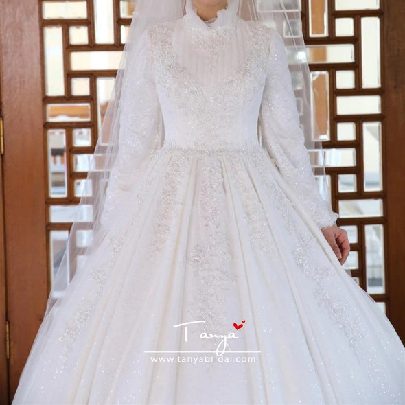 Floral Lace High Neck Hijab Wedding Dress Long Sleeves TB1472