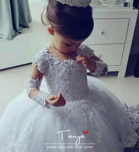 Princess Lace Half Sleeve Holy First Communion Gowns Party Pageant Dress For Girls TBF011