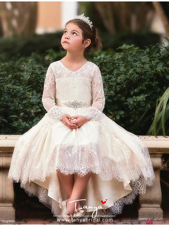 Ball Gown Asymmetrical Wedding Flower Girl Dresses Lace Long Sleeve V Neck with Bow