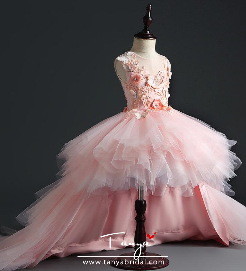 tulle flower girl dresses Girl Wedding Party Flower Girl Dresses Pink Tulle Trailing Princess Go – TANYA BRIDAL