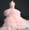 Girl Wedding Party Flower Girl Dresses Pink Tulle Trailing Princess Gown Beaded Floral Girl Pageant First Communion Dress