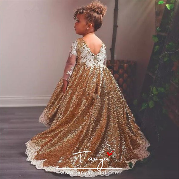 Gold Sequined Flower Girl Dresses For Wedding Lace Long Sleeves High Low Toddler Pageant Gowns TBF08