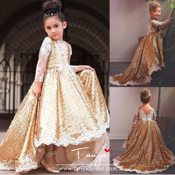 Gold Sequined Flower Girl Dresses For Wedding Lace Long Sleeves High Low Toddler Pageant Gowns TBF08