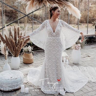 Unique Lace Wedding Dresses Bohemian Flare sleeve Elegant Beach Bridal Gowns Mermaid robe de soriee noivas ZW0247