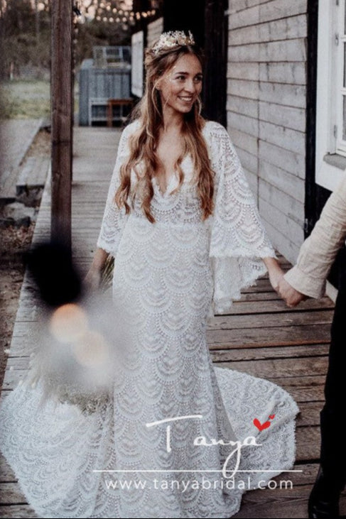 Unique Lace Wedding Dresses Bohemian Flare sleeve Elegant Beach Bridal Gowns Mermaid robe de soriee noivas ZW0247