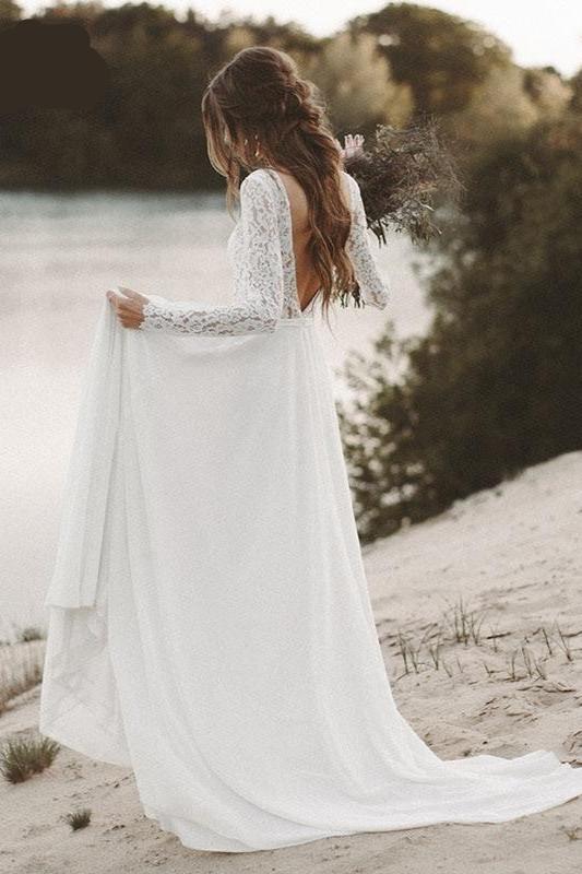 Beach Wedding Dress Long Sleeve Boho V Neck Open Back Bridal Dresses TANYA BRIDAL Beach Wedding Dress Long Sleeve Boho V Neck Open Back Bridal Dresses TANYA BRIDAL