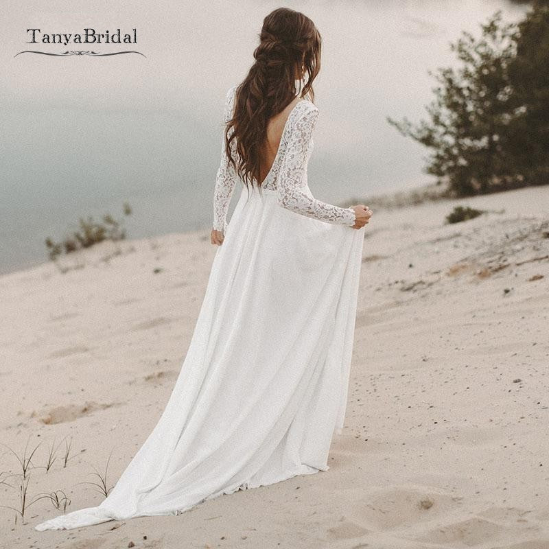 Beach Wedding Dress Long Sleeve Boho V Neck Open Back Bridal Dresses –  TANYA BRIDAL