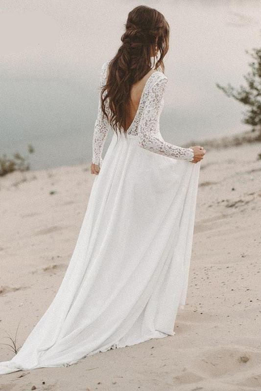 Beach Wedding Dress Long Sleeve Boho V Neck Open Back Bridal Dresses –  TANYA BRIDAL